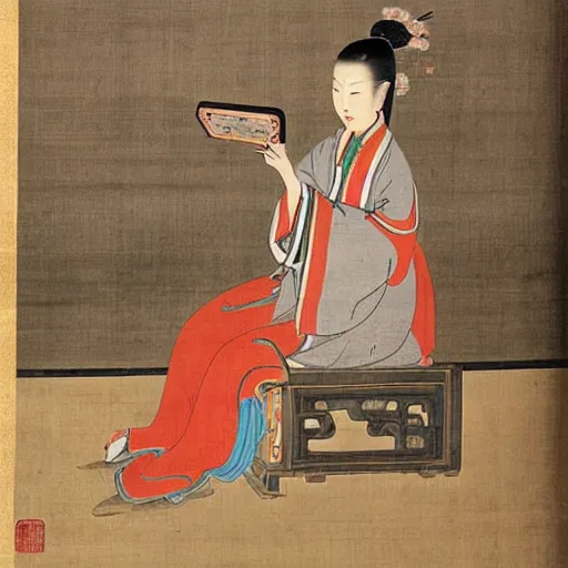 Prompt: the Chinese ancient painting of a lady using smartphone in Tang Dynasty , by Han Xizai