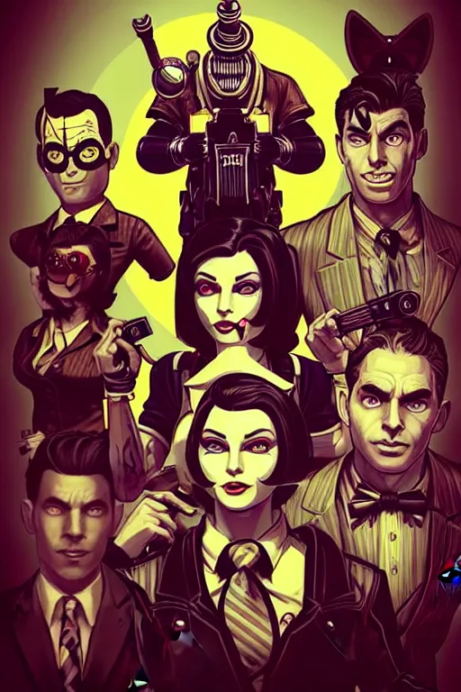 Prompt: the wolfs squad, pop art, pixel, bioshock art style, gta chinatown art style, face features, body features, ultra realistic art, digital painting, concept art, smooth, sharp focus, illustration, intricate, without duplication, elegant, confident posse, art by artgerm and richard hamilton and mimmo rottela, kirokaze and paul robertson