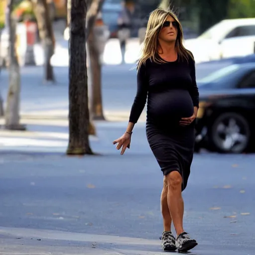 Image similar to Pregnant Jennifer Aniston walking down the street, paparazzi photograph