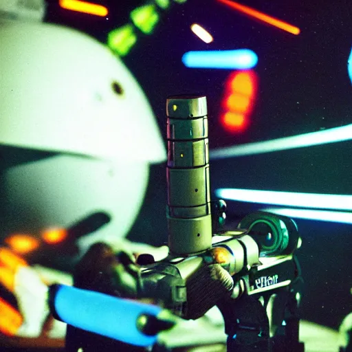 Image similar to a close up instructional well lit photograph of a sci for spaceship battle command showing off various laser blasters and sound cannons to an alien Kodachrome