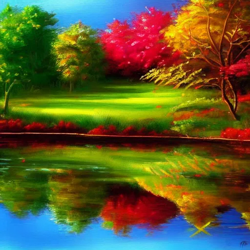 Image similar to beautiful pond with reflections of trees colorful magical realism detailed painting 4 k