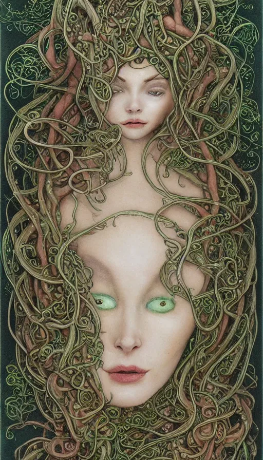 Image similar to very detailed portrait of a 2 0 years old girl surrounded by tentacles, the youg woman visage is blooming from fractal and vines, by brian froud