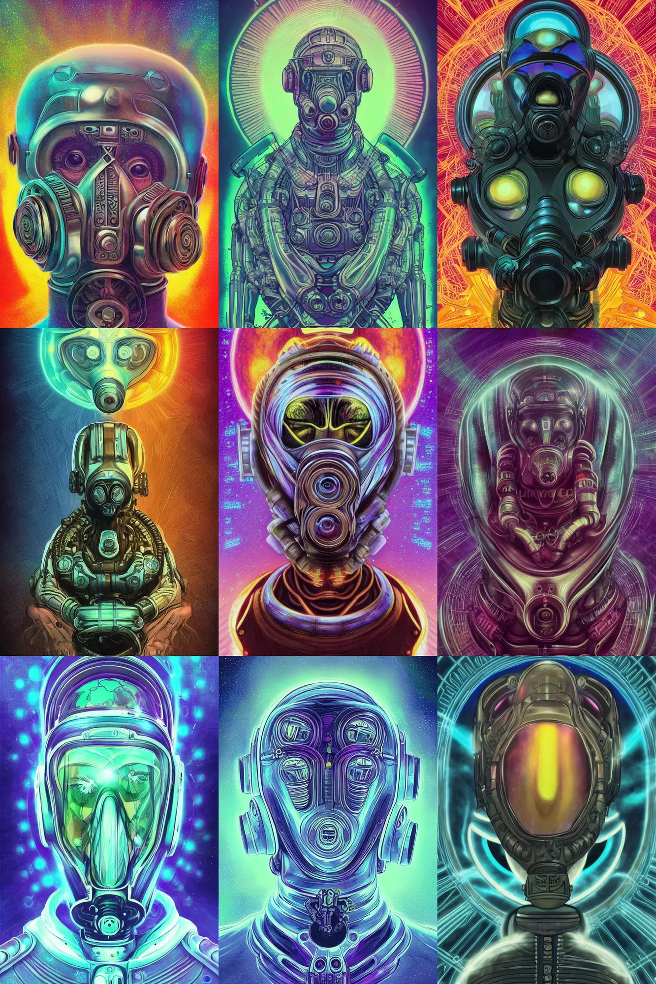 Prompt: vin diesel deity aliens extraterrestrial wearing a beautiful cybernetic gas mask in the style of alex grey and beeple in the style of adorable dark fantasy, fantasy, art deco, magic realism, award winning art, muted colors,