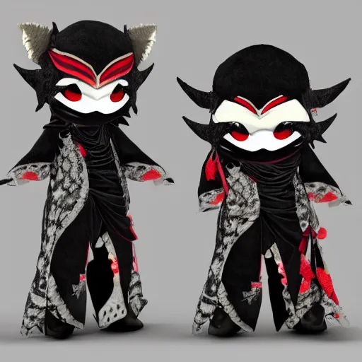 Prompt: a cute fumo plush of a ninja imp in traditional patterned assassin garb, gothic, vray