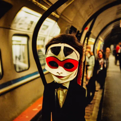 Prompt: fujifilm superia photo of puppet with scary venetian mask, in the empty london underground, dirty, grainy, liminal