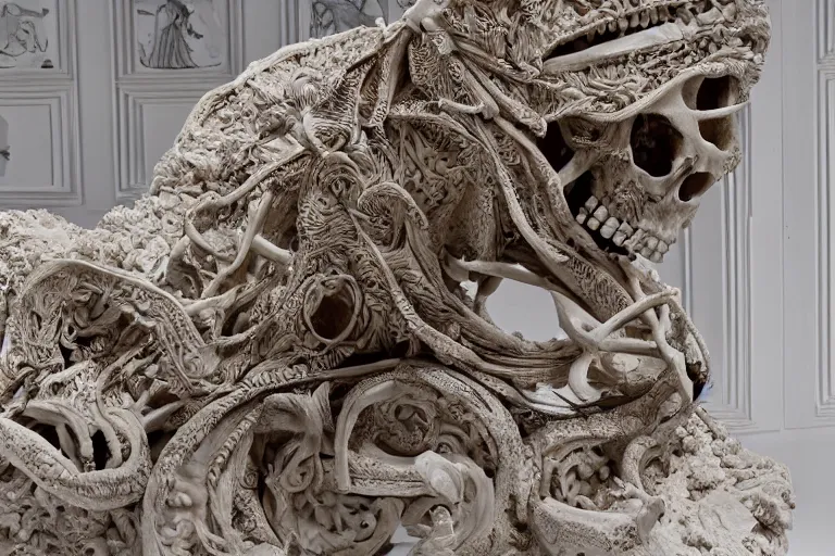 Prompt: ! dream, a tomb with an exquisite and highly detailed sculpture of a, beautiful prone sad skeleton resting under loosley thrown sculpted fabrics, fine detailed sculpture, stunningly beautiful detailed sculpture, fully framed and in focus