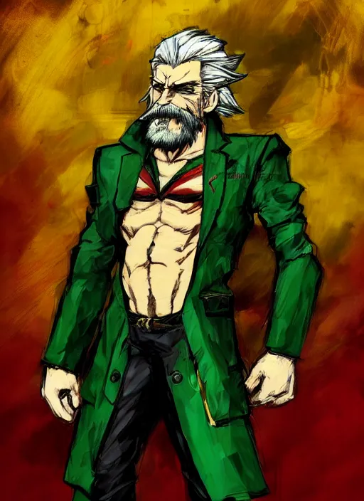 Image similar to Full body portrait of an old muscular man with blonde hair and beard red, green and gold jacket. In style of Yoji Shinkawa and Hyung-tae Kim, trending on ArtStation, dark fantasy, great composition, concept art, highly detailed.