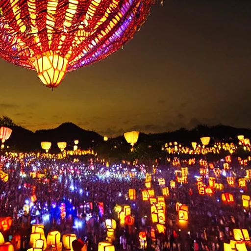 Prompt: Thousands of lanterns float to the night sky at the Thai festival Loi Krathong,