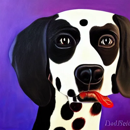 Prompt: A portrait of Dalmatian dog transformed into Frida Kahlo, oil painting, realistic