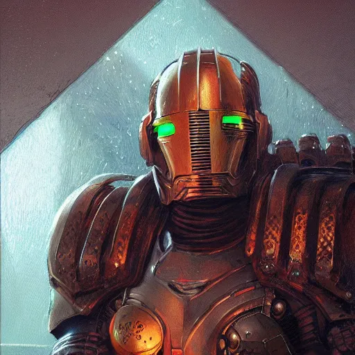 Prompt: the doomslayer with bright glowing armor as a realistic scifi cyberpunk knight, closeup portrait art by donato giancola and greg rutkowski, vintage retro scifi, realistic face, digital art, trending on artstation, symmetry!!!