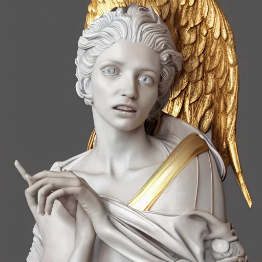 Image similar to high quality smooth render of statue of angel, made of white marble with gold veins, on the dark magenta background, hyper realistic, hyper detailed, by johannen voss, by peter kemp, by monia merlo, by michelangelo, octane render, vivid colors