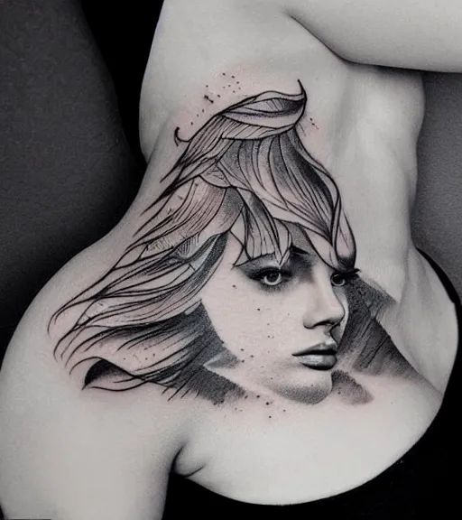 Image similar to tattoo design sketch of an extremely beautiful woman face with a stunning mountain view faded background on her side, hyper - realistic, double exposure, in the style of matteo pasqualin, amazing detail, black and white, faded