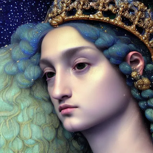 Prompt: baroque neoclassicist closeup renaissance portrait of moon goddess with stars in her hair, reflective detailed textures, glittering silver ornaments, dark fantasy science fiction painting, diego rivera jean delville ruan jia nicholas roerich annie swynnerton sam spratt, dramatic lighting, soft muted blue green color palette, floral tattoos, artstation, octane render, unreal engine