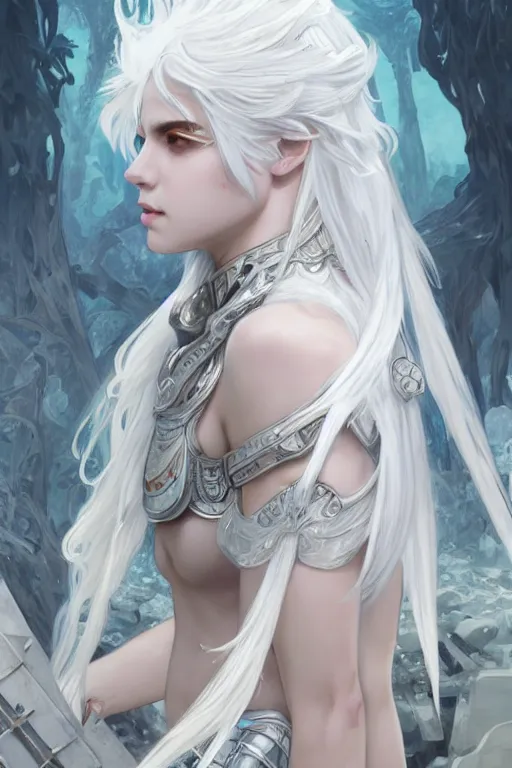 Image similar to portrait white hair knights of zodiac girl, matt white ice color armor, in ruined agora of athens, ssci - fi and fantasy, intricate and very very beautiful and elegant, highly detailed, digital painting, artstation, concept art, frostbite engine, smooth and sharp focus, illustration, art by tian zi and wlop and alphonse mucha