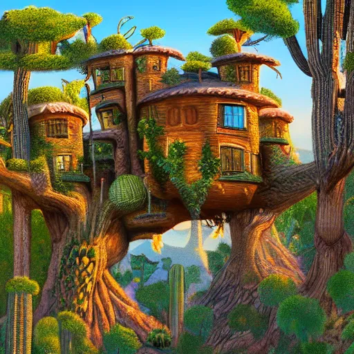 Image similar to fancy treehouse mansion built in a giant cactus on top of plateau overlooking grand canyon detailed 4 k digital painting