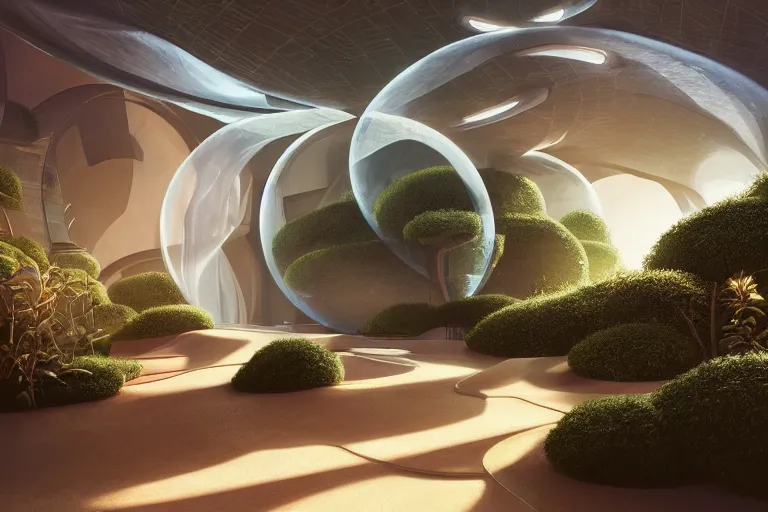 Image similar to extremely detailed awe stunning beautiful futuristic smooth curvilinear apartment interior, translucent orbs, hyper real, house plants, 8k, colorful, 3D cinematic volumetric light, atmospheric light, studio ghibli inspired, high contrast, epic composition, sci-fi, dreamlike, surreal, angelic,