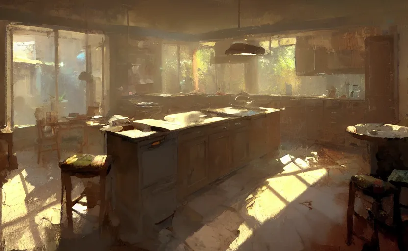 Prompt: a messy kitchen interior painting by Craig Mullins, octane rendering, warm moody lighting, wide angle lens, low view, in the style of Pixar animation, trending on artstation,