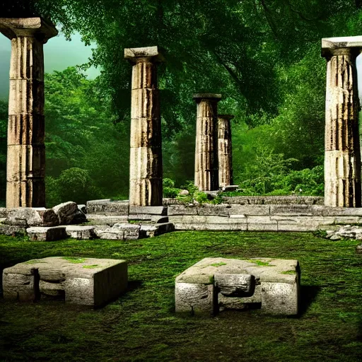 Prompt: ancient greek temple ruins in a lush rainforest, photorealistic, cinematic, filmic, volumetric lighting