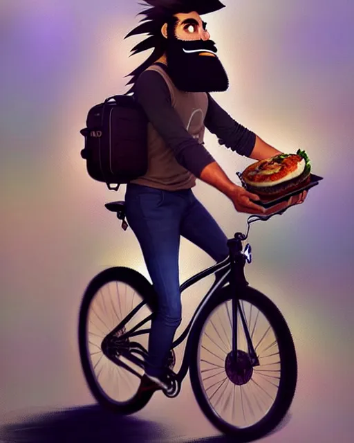 Prompt: a ultradetailed painting of a long - haired bearded uber eats food delivery guy on a bicycle, greg rutkowski and makoto shinkai trending on artstation