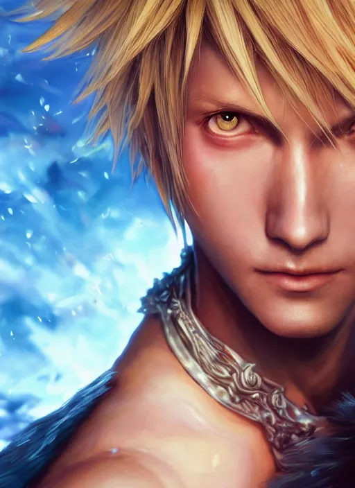 Image similar to a Photorealistic dramatic hyperrealistic render of a beautiful Final Fantasy 10 character Tidus by WLOP,Artgerm,Greg Rutkowski,Alphonse Mucha, Beautiful dynamic dramatic dark moody lighting,shadows,cinematic atmosphere,Artstation,concept design art,Octane render,8K