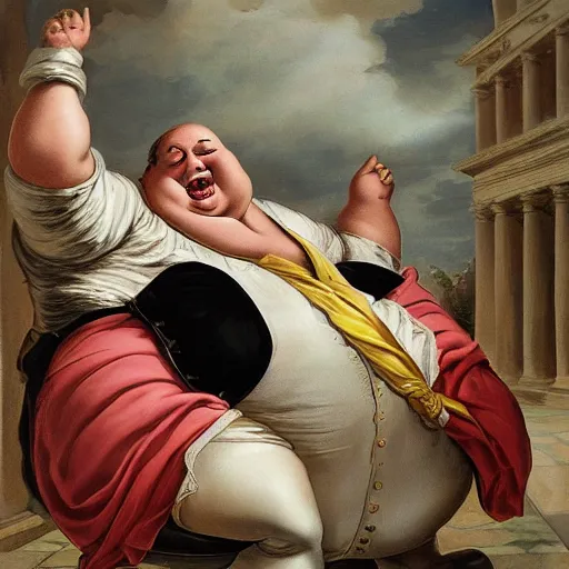 Prompt: fat politician with big stomch is draining souls of innocent peoples in baroque style