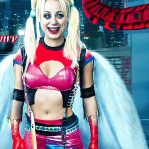 Prompt: A still of Kaley Cuoco as Harley Quinn, smiling