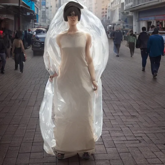 Image similar to woman in a translucent clothing made from plastic bag with paper bags for clothes standing inside paper bags with paper bag over the head on a busy street, 4k, trending on artstation, octane render, art by artgerm and greg rutkowski and alphonse mucha and craig mullins and James Jean and Andrei Riabovitchev and Marc Simonetti and peter mohrbacher