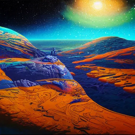 Image similar to space landscape, illustration painting, oil on canvas, intricate, detailed illustration, hd, digital art, overdetailed art, concept art, complementing colors, detailed, illustration painting by alex gray, digital art, overdetailed art, concept art, matte painting, concept art, complementing colors rendered by beeple, syd meade