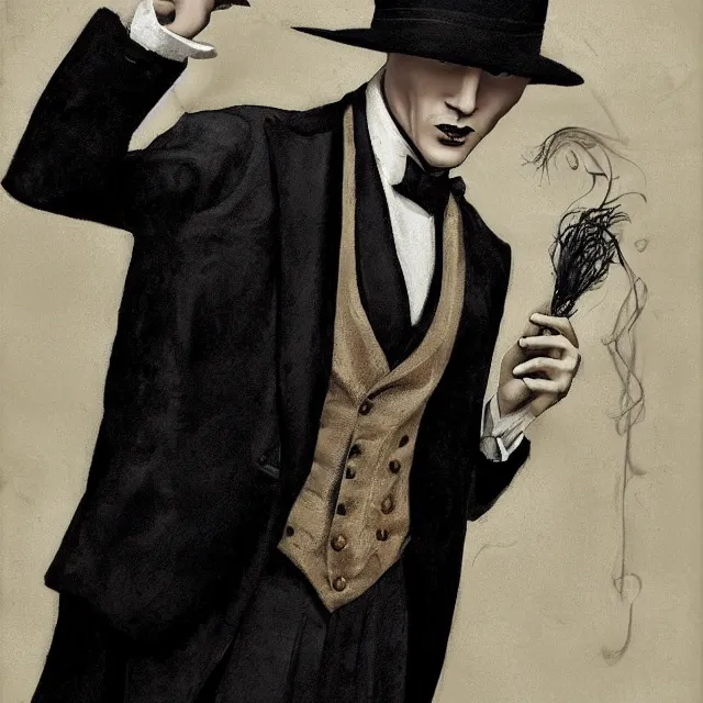 Image similar to photorealistic sepia full - head portrait of a 1 9 2 0 s era smirking male occultist, well dressed, long - tailed tuxedo coat, atmospheric lighting, dark, brooding, painted, intricate by chris cunningham, ultra detailed, well composed, best on artstation, cgsociety, epic, stunning, gorgeous, intricate detail, much wow, masterpiece