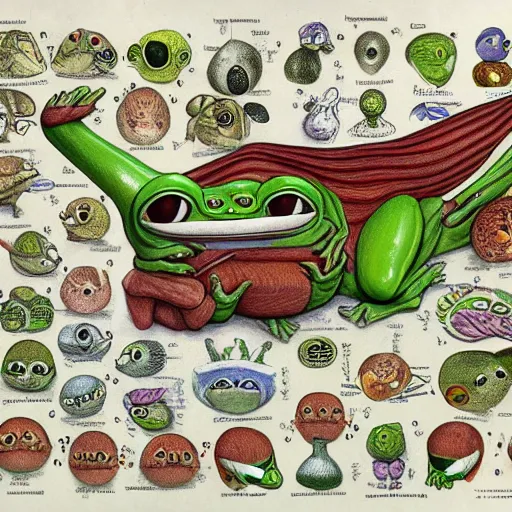 Image similar to pepe the frog ( pokemon ) anatomical diagram, in codex seraphinianus