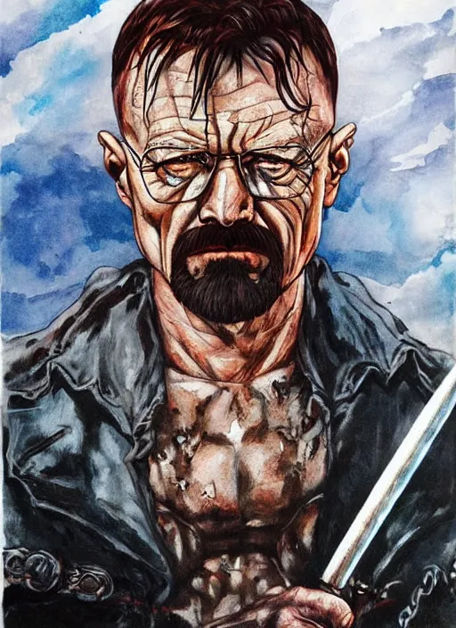 Image similar to portrait of walter white as conan the barbarian by frank frazetta and harumi hironaka