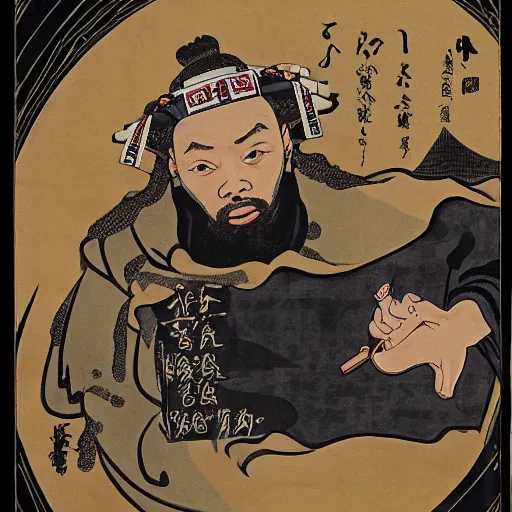 Prompt: U-God from Wu-tang Clan rapping, portrait, style of ancient text, hokusai