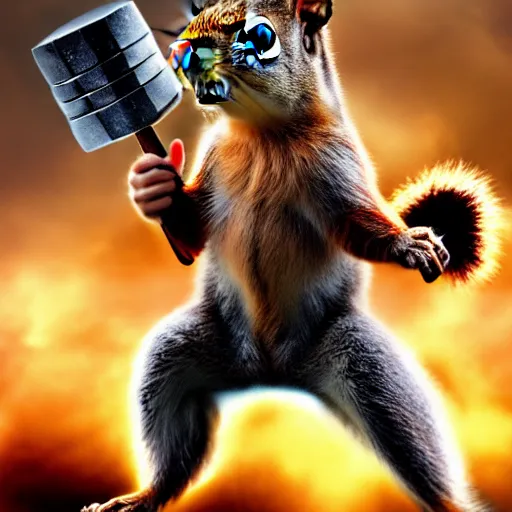 Image similar to the squirrel thor ~ holding his hammer ~ dramatic thunder background ~ fighting scene ~