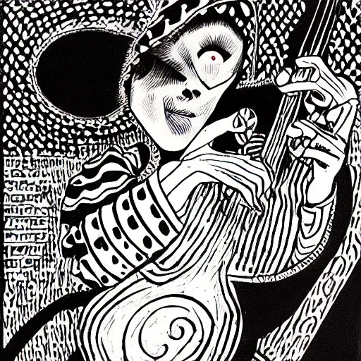 Image similar to black white purple painting on black paper, folkloric illustration , the guitar player , tarot by junji ito