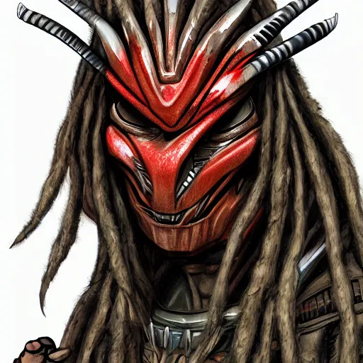 Image similar to digital paint of The Predator in an ancient Japanese town, trending on Artstation, hyperdetailed, dreadlocks