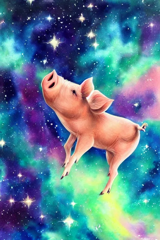 Prompt: a blissful pig flying through a beautiful nebula, water color