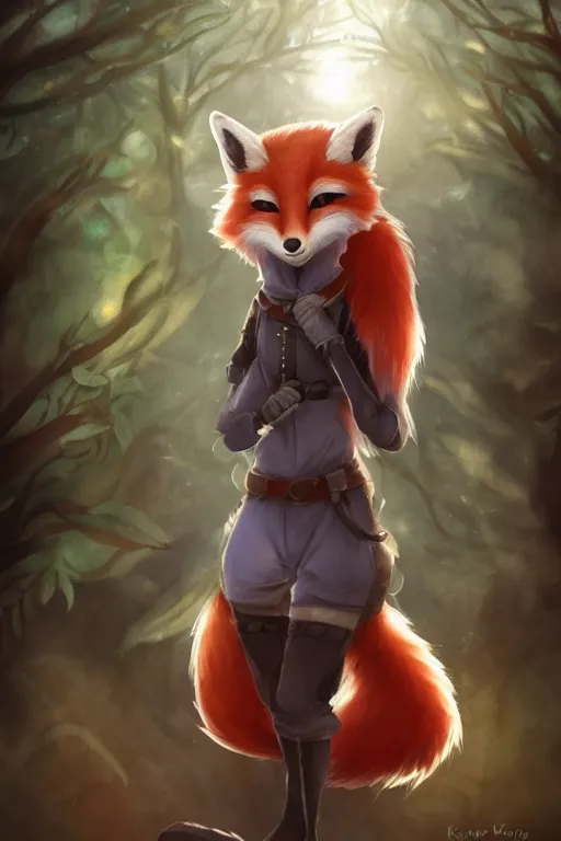 Image similar to an anthropomorphic medieval fox with a fluffy tail in the forest, trending on artstation, trending on furaffinity, digital art, by kawacy, anime, furry art, warm light, backlighting