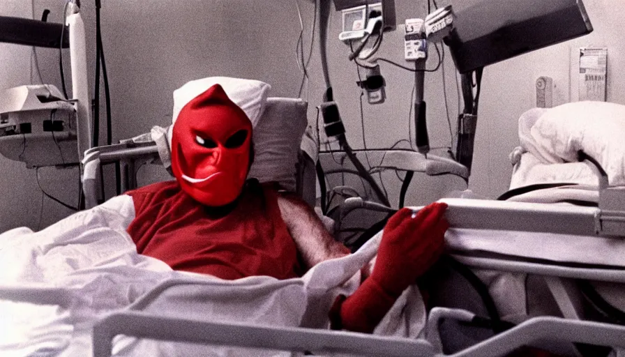 Prompt: 70s movie still of a man with red mask in hospital, eastmancolor, heavy grain, high quality, higly detailed, liminal space