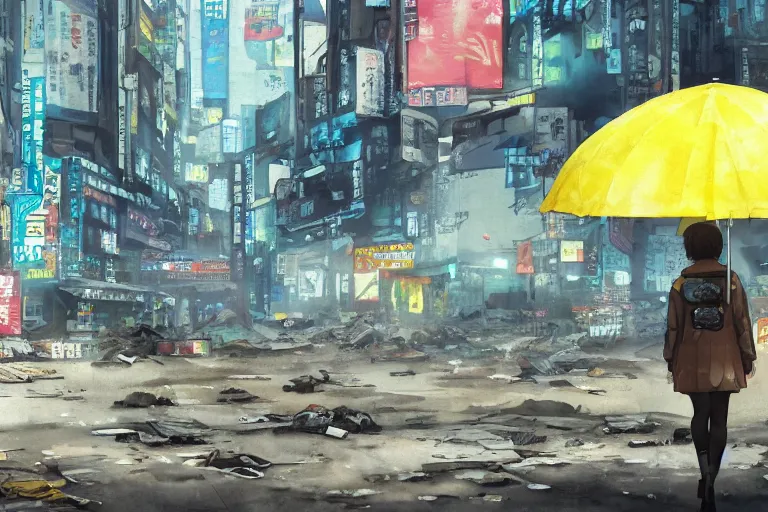 Image similar to incredible wide screenshot, ultrawide, simple watercolor, rough paper texture, ghost in the shell movie scene, backlit distant shot of girl in a parka running from a giant robot invasion side view, yellow parasol in deserted dusty shinjuku junk town, broken vending machines, bold graphic graffiti, old pawn shop, bright sun bleached ground, mud, fog, dust, windy, scary robot monster lurks in the background, ghost mask, teeth, animatronic, black smoke, pale beige sky, junk tv, texture, brown mud, dust, tangled overhead wires, telephone pole, dusty, dry, pencil marks, genius party,shinjuku, koji morimoto, katsuya terada, masamune shirow, tatsuyuki tanaka hd, 4k, remaster, dynamic camera angle, deep 3 point perspective, fish eye, dynamic scene