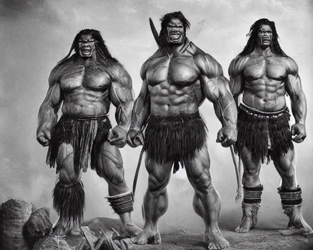 Prompt: hyper realistic group vintage photograph of a warrior orc tribe, tall, muscular, hulk like physique, tribal paint, tribal armor, highly detailed