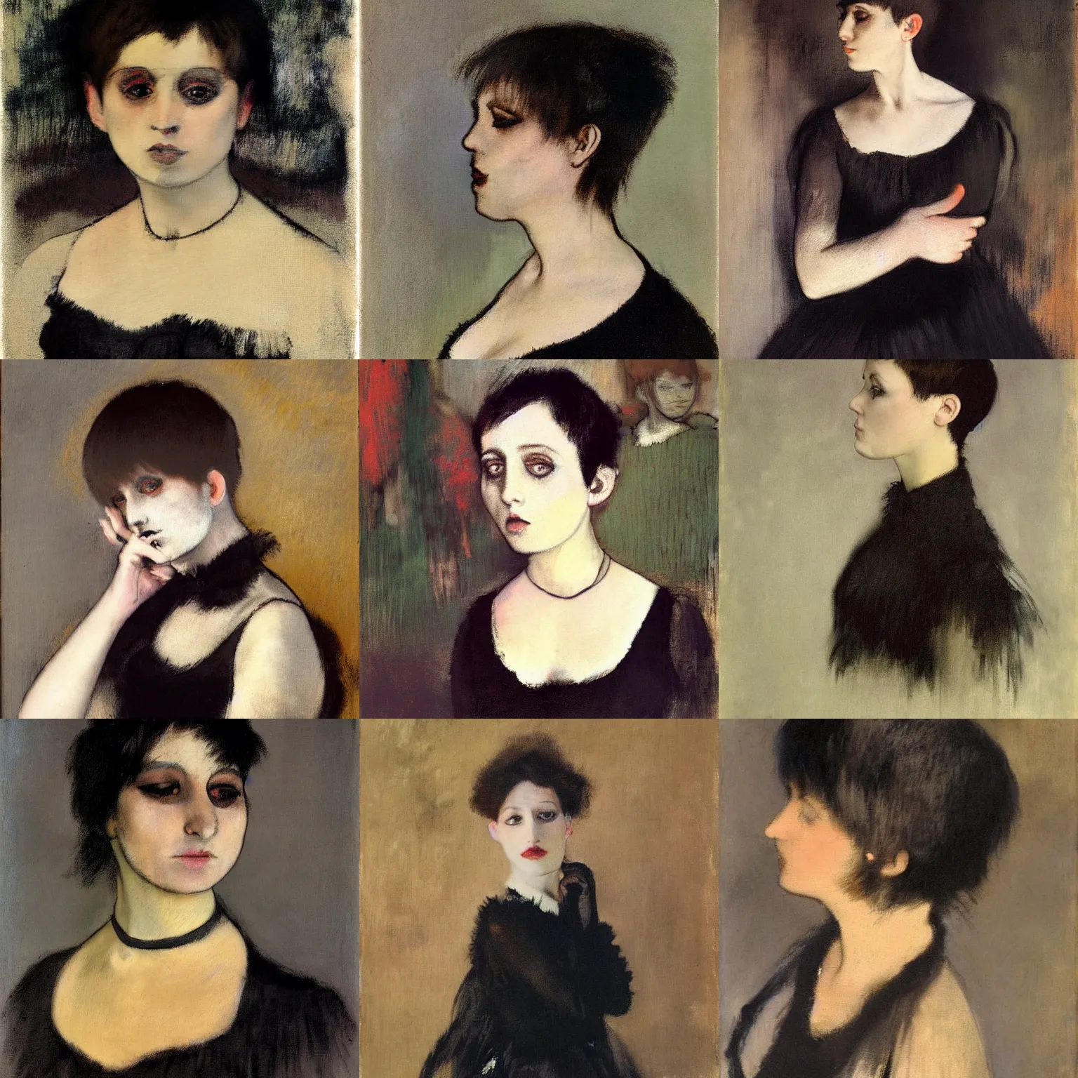 Prompt: A goth portrait painted by Edgar Degas. Her hair is dark brown and cut into a short, messy pixie cut. She has a slightly rounded face, with a pointed chin, large entirely-black eyes, and a small nose. She is wearing a black tank top, a black leather jacket, a black knee-length skirt, a black choker, and black leather boots.