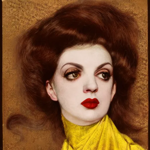 Image similar to hybrid of judy garland and lady gaga, brown fringe, large full hollywood lips, large downslanted eyes, reclining cool stylish, yellow ochre ornate medieval dress, john william waterhouse, kilian eng, rosetti, john everett millais, william holman hunt, william morris, 4 k