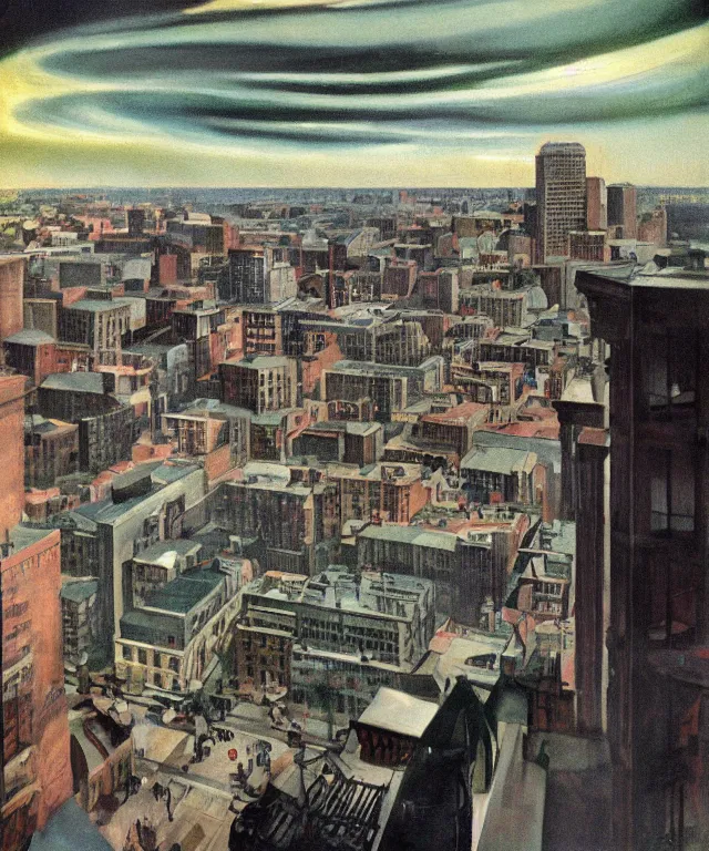 Image similar to horrifying full color photorealistic painting of the view from a 1 9 2 5 hotel terrace balcony overlooking a warped view of downtown boston in 1 9 2 5 at night with a cosmic sky, dark, atmospheric, brooding, smooth, finely detailed, cinematic, epic, in the style of paul carrick