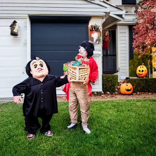 Image similar to danny devito trick or treating, ( sony a 7 r iv, symmetric balance, polarizing filter, photolab, lightroom, 4 k, dolby vision, photography awardm, voque, perfect face )