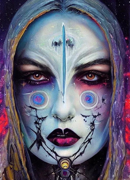 Prompt: tripping magic cult psychic woman, painted face, third eye, energetic consciousness psychedelic, epic surrealism expressionism symbolism, story telling, iconic, dark robed, oil painting, symmetrical face, dark myth mythos, by sandra chevrier, bruce pennington, masterpiece