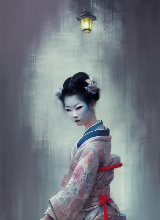 Image similar to female geisha girl, beautiful face, neon, rule of thirds, intricate outfit, spotlight, by greg rutkowski, by jeremy mann, digital painting