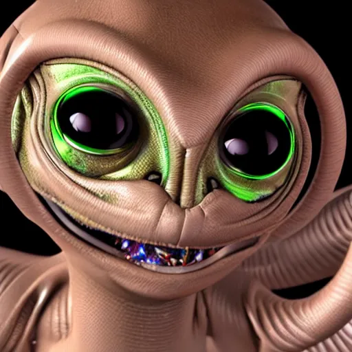 Image similar to an alien pet creature with weird features, looking inquisitively at the camera, studio lighting