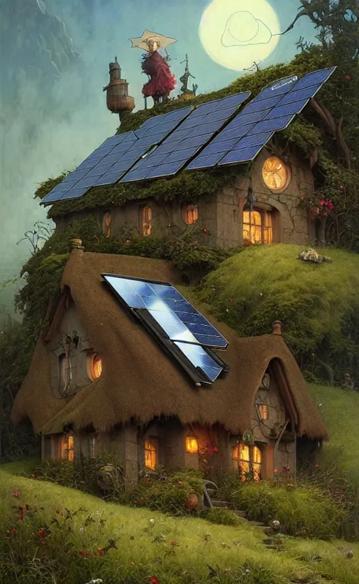 Image similar to a hyper realistic witchy cottage with solar panels on a tall hill, mountains, atmospheric lighting, lush foliage, painting by chiara bautista and tom bagshaw, mucha, beksinski and norman rockwell and greg rutkowski weta studio, and lucasfilm