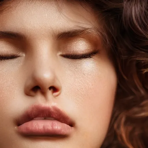 Image similar to a very beautiful still of a beautiful brown - haired woman with her head leaning backwards, golden, eyes closed, front shot, very close - up, hyper detailed, high contrast, bokeh background, realistic, digital art by irakli nadar, sharp focus, golden, delicate, sunlight, dark background, 4 k