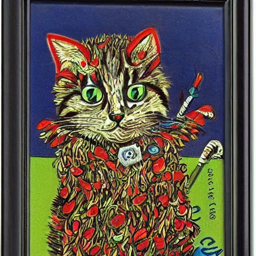 Prompt: trash can cat by louis wain